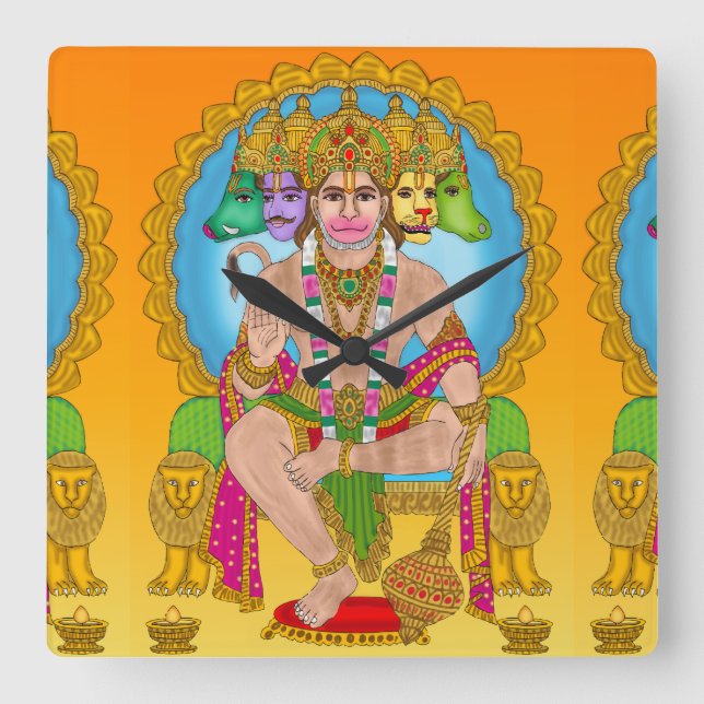 Hanuman Ji Square Clock | Hindu Lord Hanuman Spiri Quadratische Wanduhr (Vorderseite)