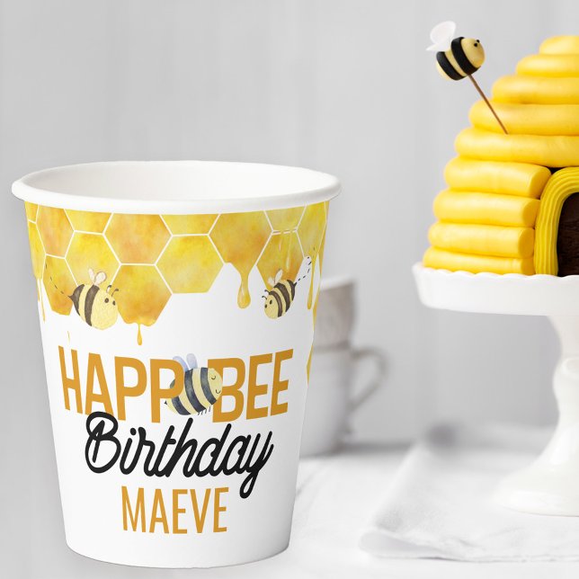 Happ-Bee Birthday Bee Theme Kids Party Pappbecher (Bee birthday party paper cups with personalized Happ-bee Birthday bee pun)