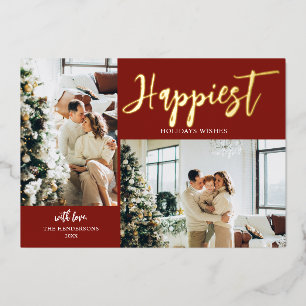 Happest Holidays Brush Script Foto Rot Folien Feiertagskarte