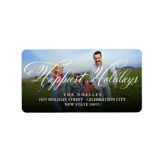 Happest Holidays Extravagant White Script Foto Adr Adressaufkleber (Vorne)
