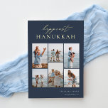 Happiest Hanukkah Elegante 6 Foto Collage Folien Feiertagskarte<br><div class="desc">Freuen Sie sich auf diese modernen Hanukkah-Urlaubskarten,  die 6 Ihrer beliebtesten Fotos in einer Gitterkollektion enthalten. "Happiest Hanukkah" erscheint oben in der Goldfolie handschrift mit Kalligraphie und klassischen Serifenschrift auf marineblau blauem Hintergrund. Personalisieren Sie mit Ihrem Familiennamen und dem Jahr unten rechts.</div>