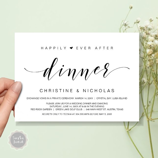 Happiever After, Wedding Elopement Dinner Einladung (Happily Ever After Dinner Invitation Card, PDF, Modern Wedding Elopement, Heart, Black and White)