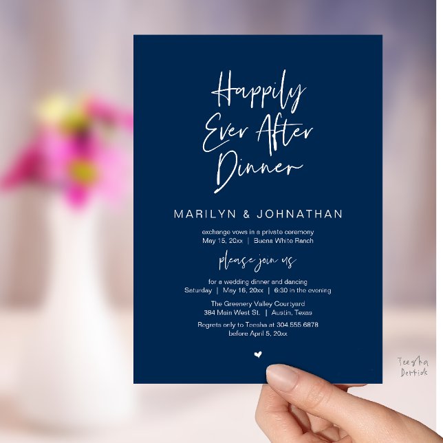 Happily Ever After Dinner Modern Wedding Reception Einladung (Happily Ever After Dinner Modern Minimalist Wedding Reception Invitation Card in Navy Blue)
