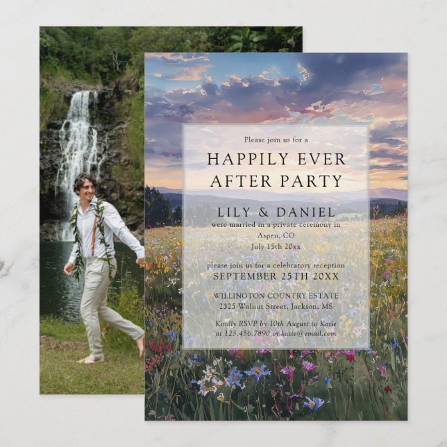 Happily Ever After Floral Wildflower Wedding Photo Einladung (Vorne/Hinten)
