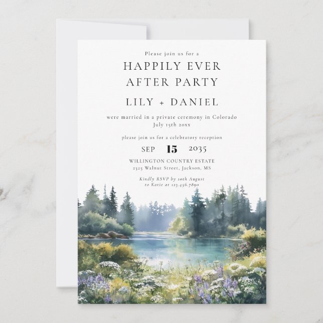 Happily Ever After Forest Lakeside Floral Wedding Einladung (Vorderseite)