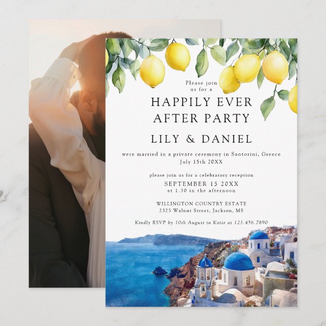 Happily Ever After Lemons Santorini Foto Hochzeit Einladung (Vorne/Hinten)