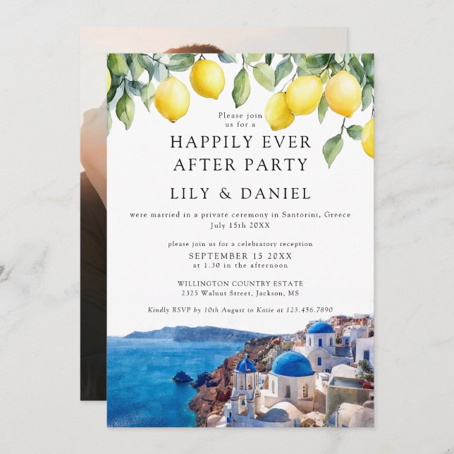 Happily Ever After Lemons Santorini Photo Wedding Einladung (Vorne/Hinten)