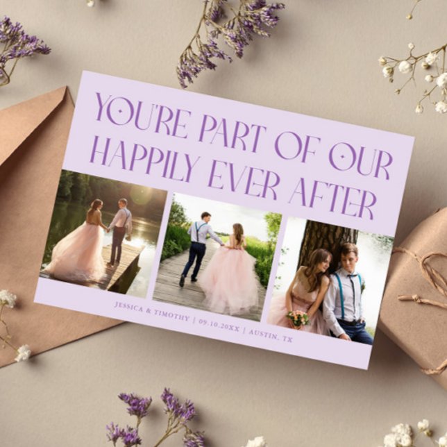 Happily Ever After Lilac Wedding Photo Dankeskarte (Von Creator hochgeladen)