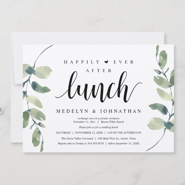 Happily Ever After Lunch, Greenery Rustic Wedding  Einladung (Vorderseite)
