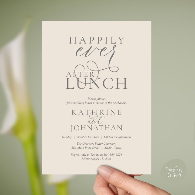 Happily Ever After Lunch Post Wedding Elopement Einladung (Happily Ever After Lunch Post Wedding Elopement Invitation card, luncheon love laughter  cream grey)