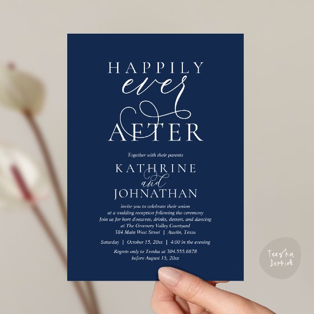 Happily Ever After, Modern Wedding Reception Einladung (Happily Ever After, Modern Wedding Reception hors d'oeuvres Drinks Dancing Invites Card Navy Blue)