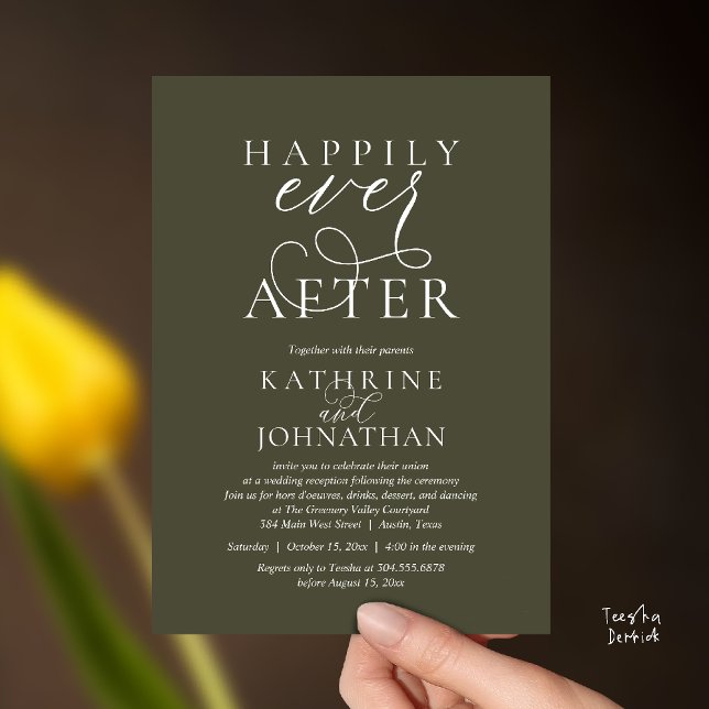 Happily Ever After, Modern Wedding Reception Einladung (Happily Ever After, Modern Wedding Reception hors d'oeuvres Drinks Dancing Invites Card Olive Green)