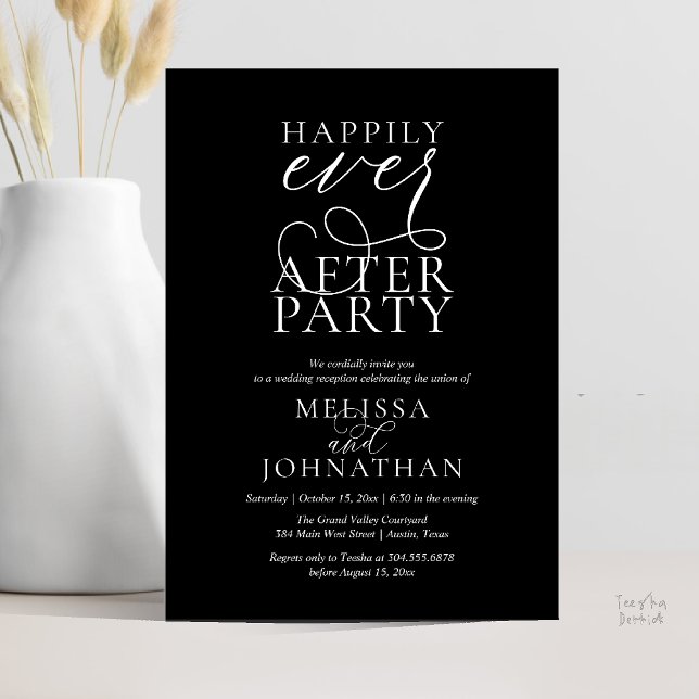 Happily Ever After Party, Classy Wedding Reception Einladung (Happily Ever After Party, Classy Wedding Reception Modern Dinner Invitation Card PDF Black White)