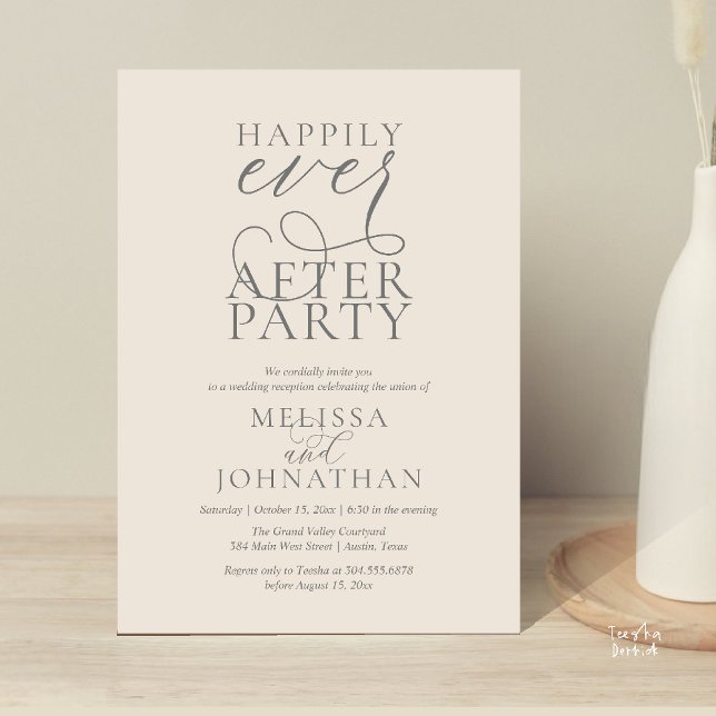 Happily Ever After Party, Classy Wedding Reception Einladung (Happily Ever After Party, Classy Wedding Reception Modern Dinner Invitation Card PDF Cream Grey)