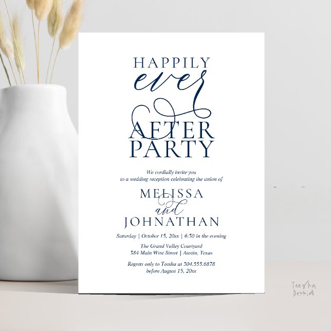 Happily Ever After Party, Classy Wedding Reception Einladung (Happily Ever After Party, Classy Wedding Reception Modern Dinner Invitation Card PDF Navy Blue)