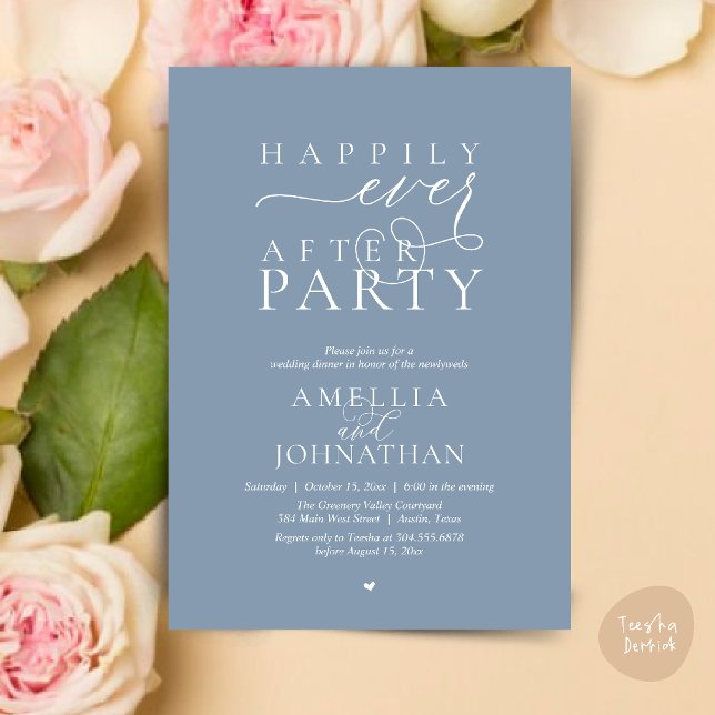 Happily Ever After Party Hochzeitsflitterwochen-Di Einladung (Happily Ever After Party Wedding Elopement Dinner Invitation Card in Dusty Blue)