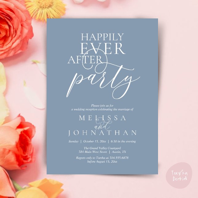 Happily Ever After Party, Modern Classy Wedding Einladung (Happily Ever After Party, Modern Classy Wedding Invitation Card PDF Dusty Blue)
