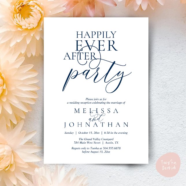 Happily Ever After Party, Modern Classy Wedding Einladung (Happily Ever After Party, Modern Classy Wedding Invitation Card PDF navy Blue)