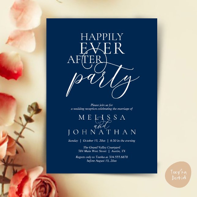 Happily Ever After Party, Modern Classy Wedding Einladung (Happily Ever After Party, Modern Classy Wedding Invitation Card PDF Navy Blue)