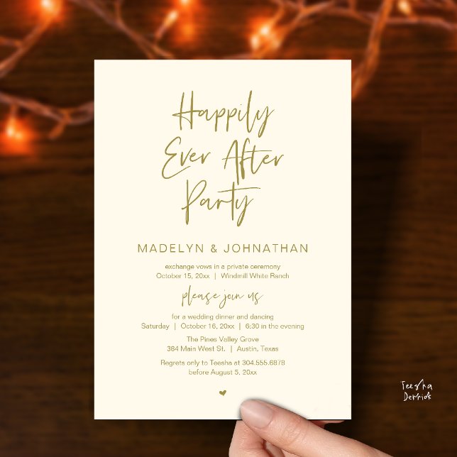 Happily Ever After Party, Modern Wedding Dinner Einladung (Happily Ever After Party, Modern Wedding Reception Dinner Invitation card in yellow gold)