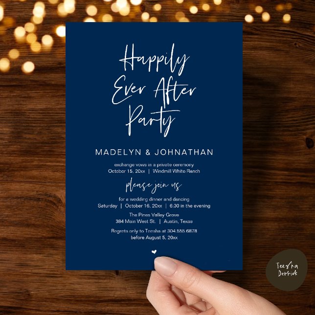 Happily Ever After Party, Modern Wedding Dinner Einladung (Happily Ever After Party, Modern Wedding Reception Dinner Invitation card in navy blue)