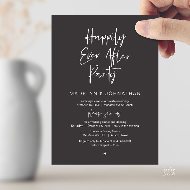 Happily Ever After Party, Modern Wedding Dinner Einladung (Happily Ever After Party, Modern Wedding Reception Dinner Invitation card in charcoal grey)