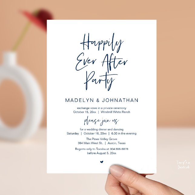 Happily Ever After Party, Modern Wedding Dinner Einladung (Happily Ever After Party, Modern Wedding Reception Dinner Invitation card in navy blue)