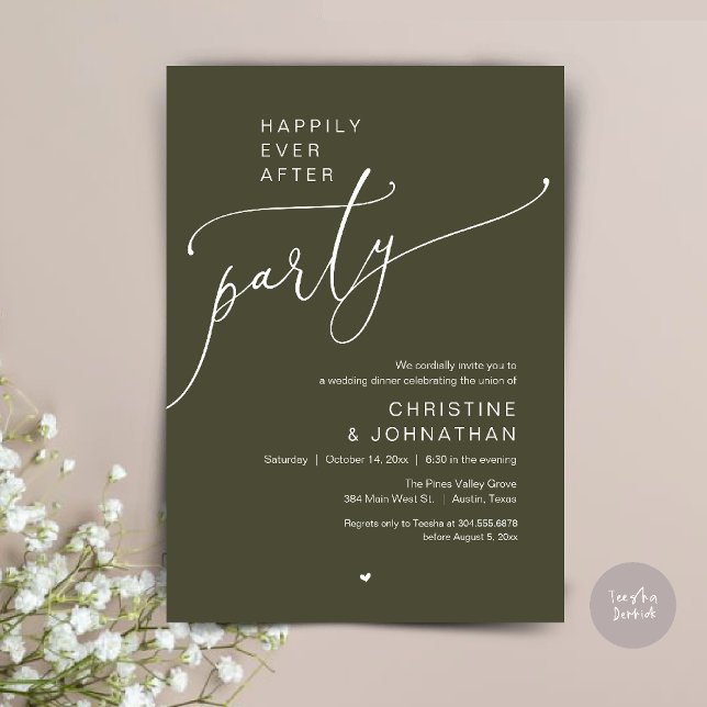"Happily Ever After Party" Modern Wedding Dinner Einladung ("Happily Ever After Party" Modern Wedding Dinner reception Invitation card in olive green)