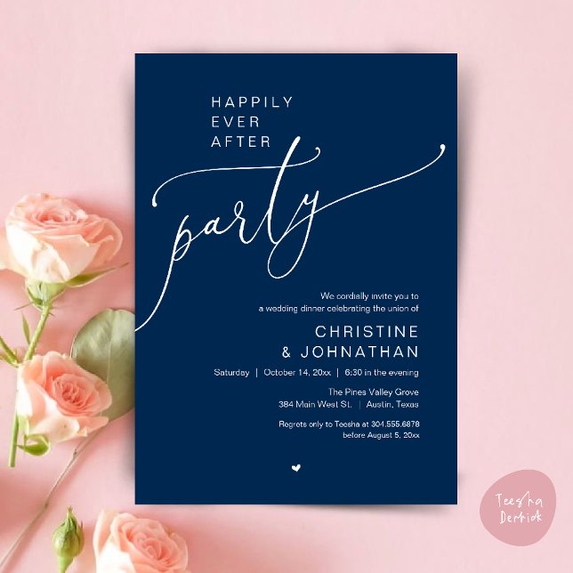 "Happily Ever After Party" Modern Wedding Dinner Einladung ("Happily Ever After Party" Modern Wedding Dinner reception Invitation card in navy blue)