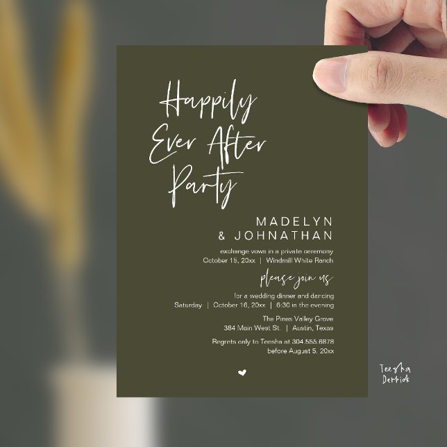 Happily Ever After Party, Modern Wedding Reception Einladung (Happily Ever After Party, Modern Wedding Reception Dinner Invitation card in olive green)