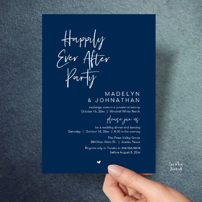 Happily Ever After Party, Modern Wedding Reception Einladung (Happily Ever After Party, Modern Wedding Reception Dinner Invitation card in navy blue)