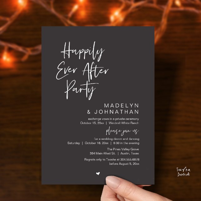 Happily Ever After Party, Modern Wedding Reception Einladung (Happily Ever After Party, Modern Wedding Reception Dinner Invitation card in charcoal grey)