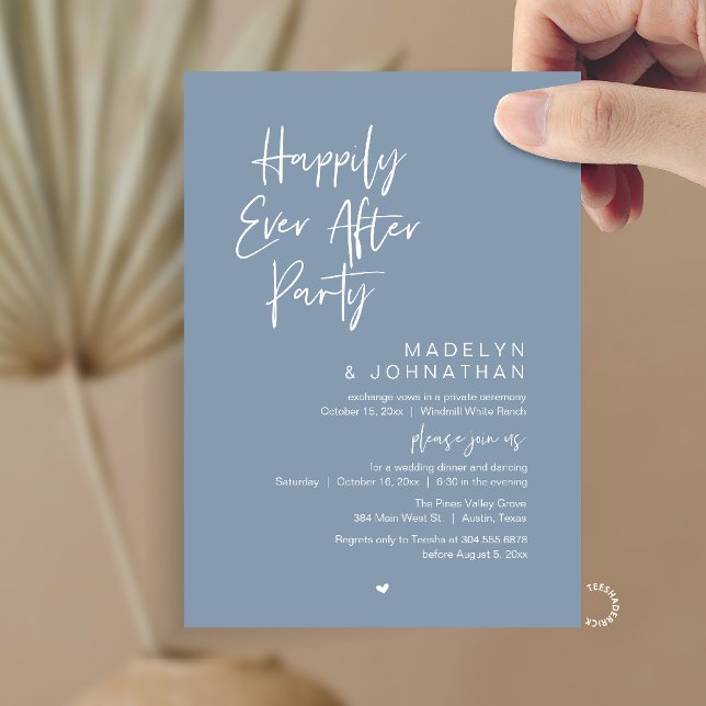 Happily Ever After Party, Modern Wedding Reception Einladung (Happily Ever After Party, Modern Wedding Reception Dinner Invitation card in dusty blue)