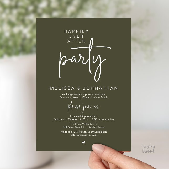 Happily Ever After Party, Modern Wedding Reception Einladung (Happily Ever After Party, Modern Wedding Reception Dinner Invitation Card in Olive Green)