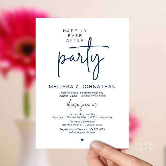 Happily Ever After Party, Modern Wedding Reception Einladung (Happily Ever After Party, Modern Wedding Reception Dinner Invitation Card in Navy Blue)