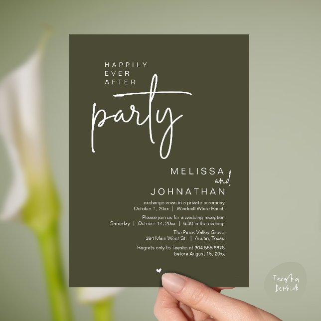 Happily Ever After Party, Modern Wedding Reception Einladung (Happily Ever After Party, Modern Wedding Reception Invitation Card in olive green)