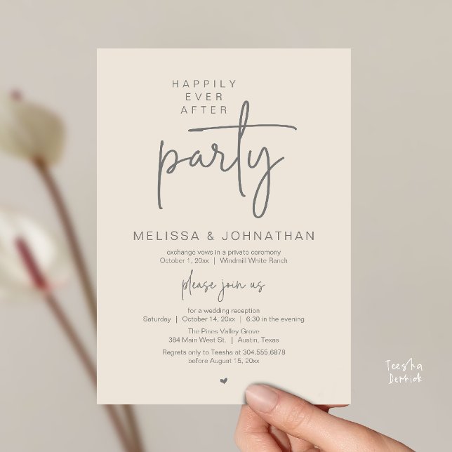 Happily Ever After Party, Modern Wedding Reception Einladung (Happily Ever After Party, Modern Wedding Reception Dinner Invitation Card in Cream Grey)
