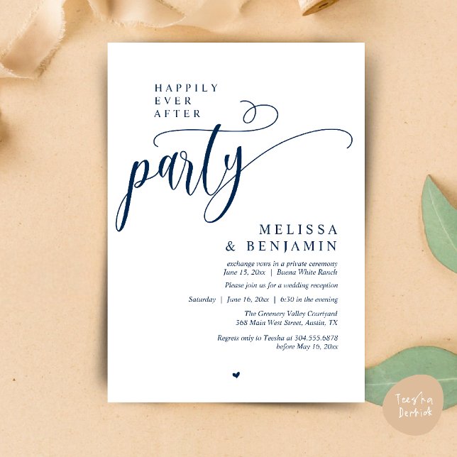 Happily Ever After Party, Rezeption Moderne Minima Einladung (Happily Ever After Party, Reception Modern Minimal Invitation Card in Navy Blue)