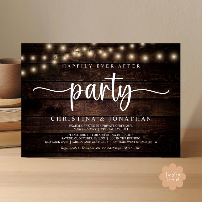 Happily Ever After Party, Rustic String Lights Wed Einladung (Happily Ever After Party, Rustic String Lights Wed Invitation Card, Dark Brown Wood Background)
