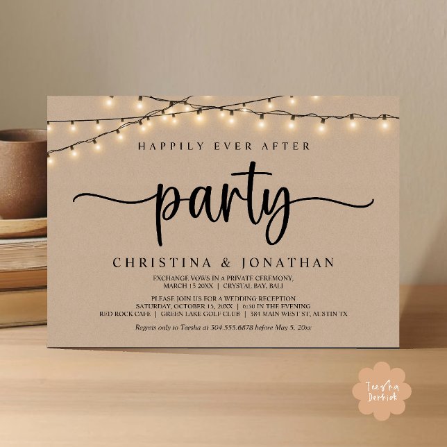 Happily Ever After Party, Rustic String Lights Wed Einladung (Happily Ever After Party, Rustic String Lights Wed Invitation Card, Dark Brown kraft Background)