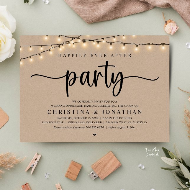 Happily Ever After Party, Rustic Wedding Dinner Einladung (Happily Ever After Party, Rustic Wedding Dinner Invitation Card,  cottage string lights, brown kraft)
