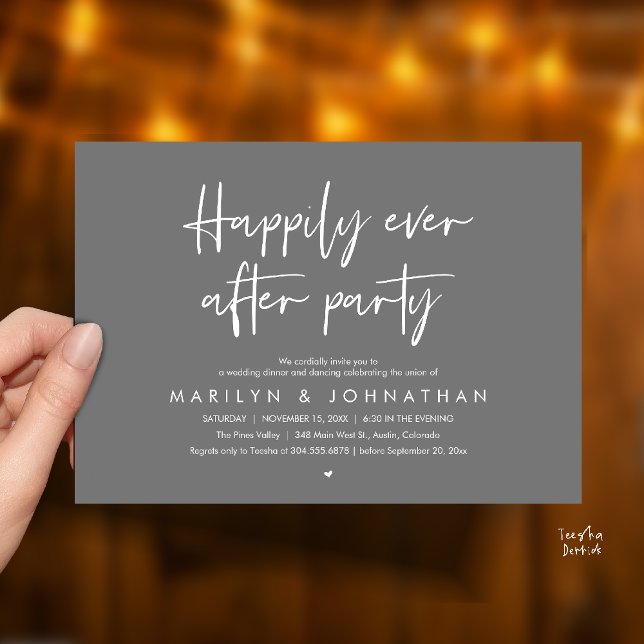 Happily Ever After Party, Wedding Dinner Dancing Einladung (Happily Ever After Party, Wedding Dinner Dancing Invitation Card in Dark Grey)