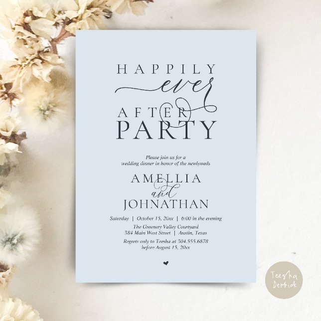Happily Ever After Party Wedding Elopement Dinner Einladung (Happily Ever After Party Wedding Elopement Dinner Invitation Card in Misty Blue)