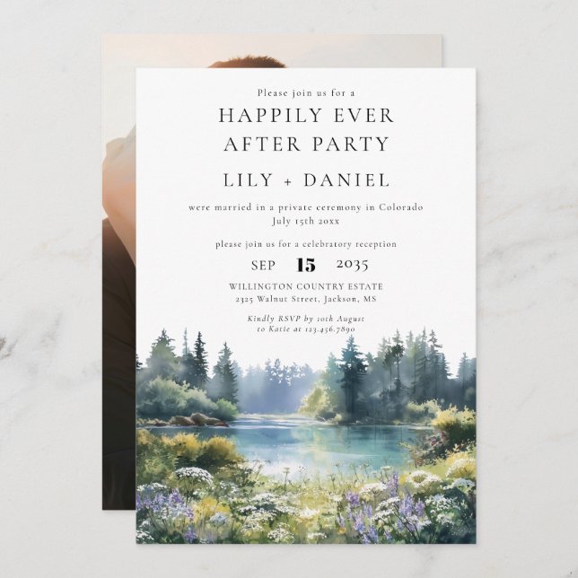 Happily Ever After Photo Forest Lakeside Wedding Einladung (Vorne/Hinten)