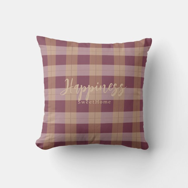 Happiness Burgundy Plaid Rustic Custom Quote Kissen (Vorderseite)