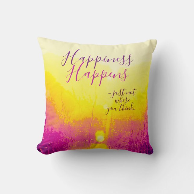 "Happiness Happens" Gelb, Magenta Motif Kissen (Vorderseite)