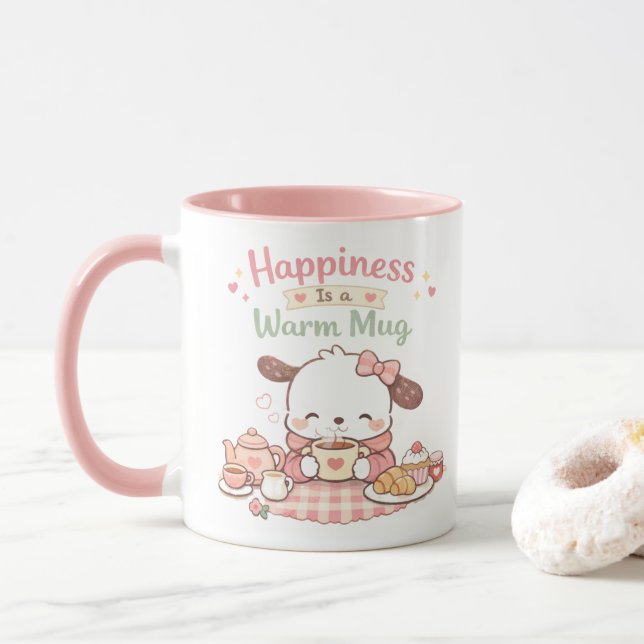 Happiness is a Warm Mug Cute Puppy Dog Pink Mug Tasse (Mit Donut)