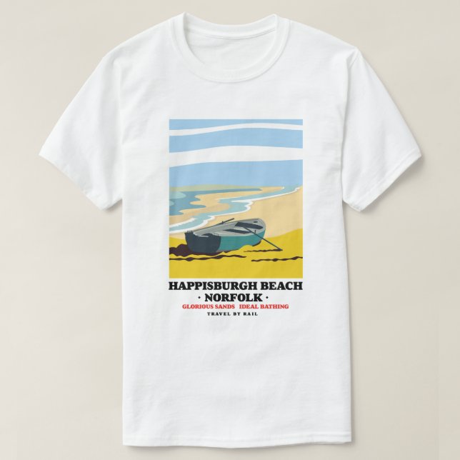 Happisburgh Beach Norfolk Reiseplakat T-Shirt (Design vorne)