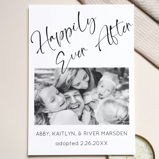 "Happiy Ever After" Foto Adoption Ankündigung ("happily ever after" black and white script photo adoption announcement card elegant simple modern)