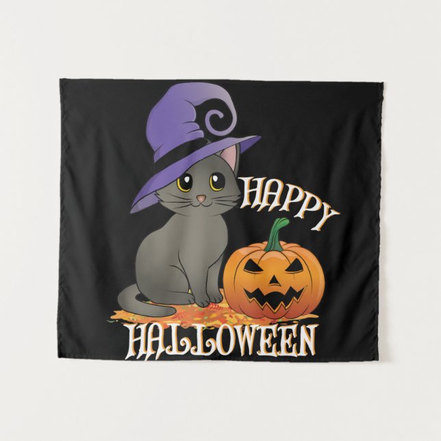 Happpy Halloween Cat mit Pumpkin Wandteppich (Vorderseite (Horizontal))